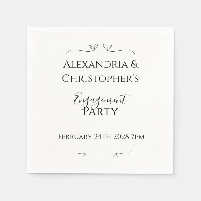 Minimal Black and White Script Engagement Party Napkin (Front)