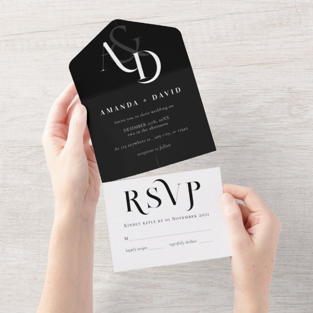 Minimal Black and White Simple Wedding  All In One Invitation (Tearaway)