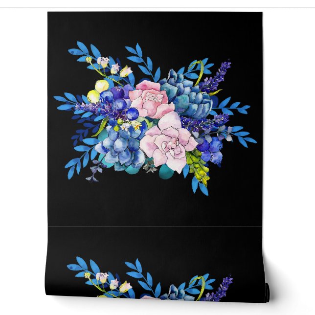 Minimal Black Blue and Pink Colour Floral Design Wallpaper (Unrolling)