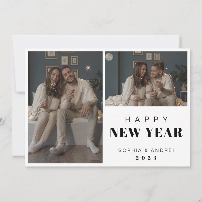 Minimal Black Bold Text 2 Photo Happy New Year Holiday Card (Front)