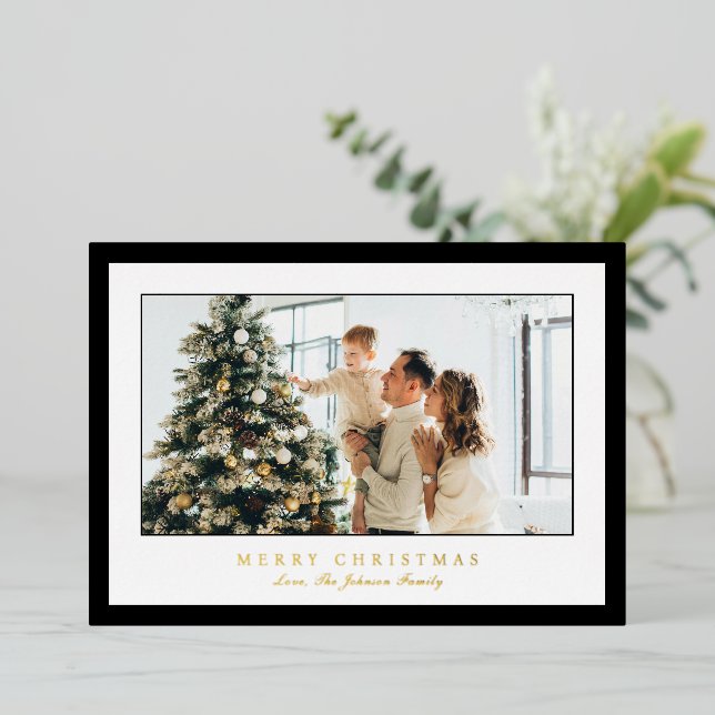 Minimal Black Border Photo Elegant Christmas Foil Holiday Card (Standing Front)