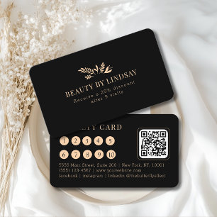 Minimal Black Botanical Salon QR-Code Loyalty Business Card