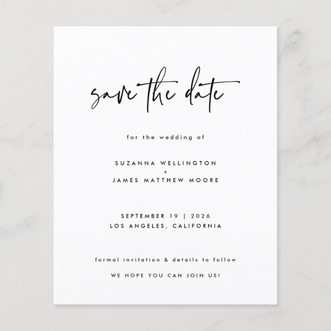 Minimal Black Budget Calligraphy Wedding Save Date Flyer (Front)