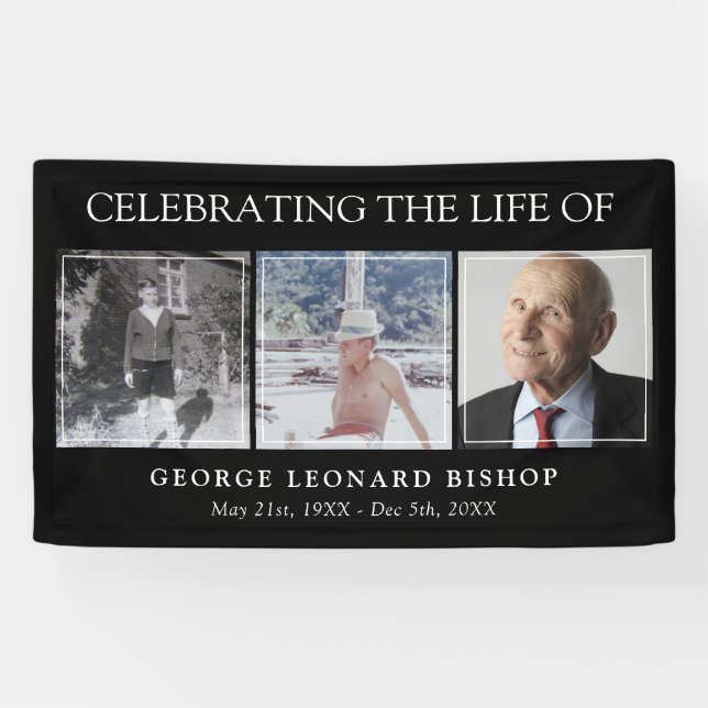 Minimal Black Celebration of Life 3 Photos Funeral Banner (Horizontal)