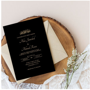 Minimal Black Classic Gold Script Muslim Wedding Invitation