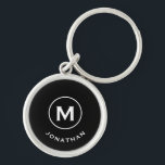 Minimal Black Classic Monogram Keychain<br><div class="desc">Minimal monogrammed round keychain feature a black background with your initial and name in classic block typography in white for a simple classic professional look.</div>