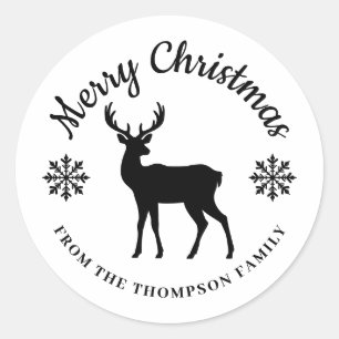 Minimal Black Deer And Snowflakes Merry Christmas Classic Round Sticker