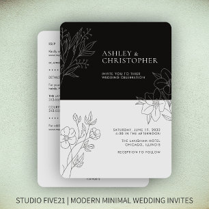 Minimal Black Foliage Outline All-in-One Wedding Invitation