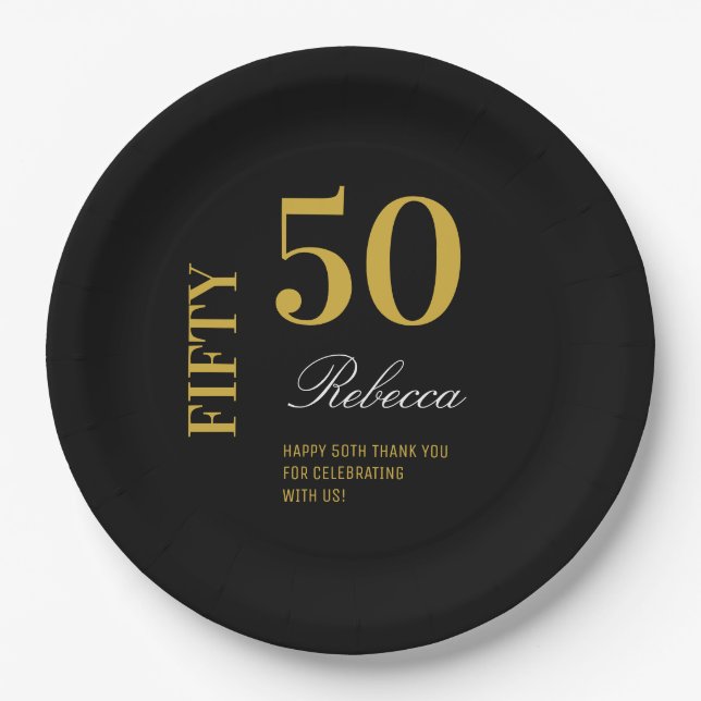 Minimal Black & Gold 50th Birthday Party Cocktail  Paper Plate (Front)