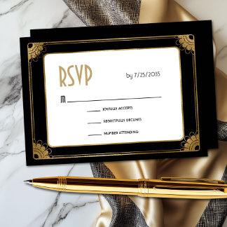 Minimal Black Gold Art Deco Floral Wedding RSVP Enclosure Card