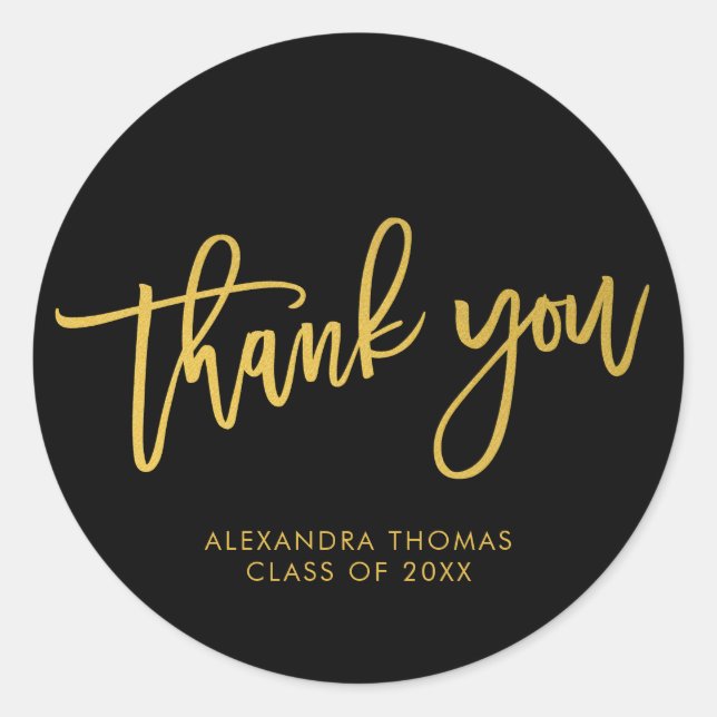 Minimal Black Gold Brush Script Thank You Classic Round Sticker (Front)