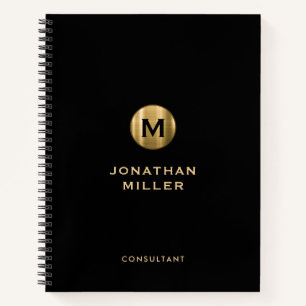 Minimal Black Gold Brushed Metal Monogram Notebook