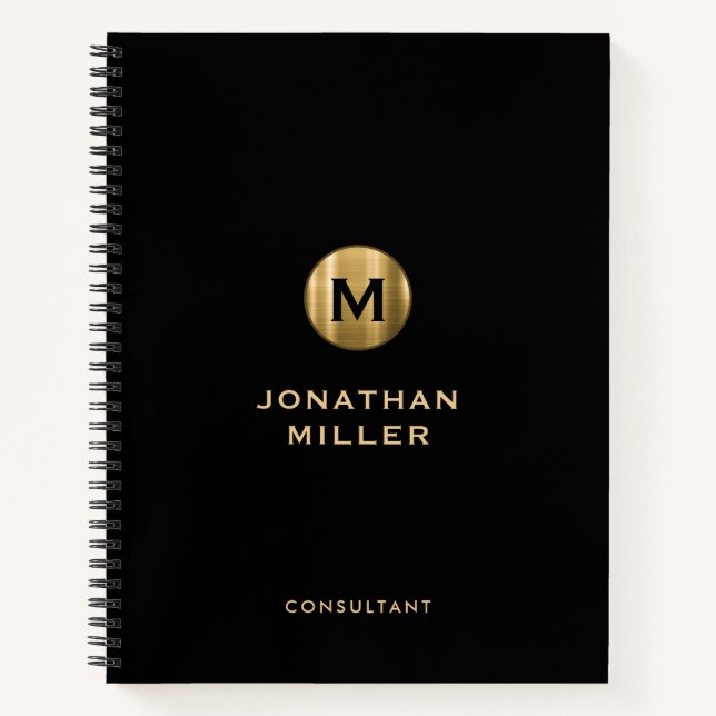 Minimal Black Gold Brushed Metal Monogram Notebook (Front)
