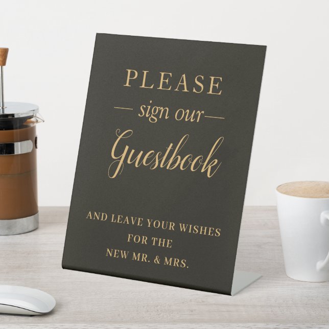 Minimal Black Gold Frame Borders Wedding Guestbook Pedestal Sign (In SItu)