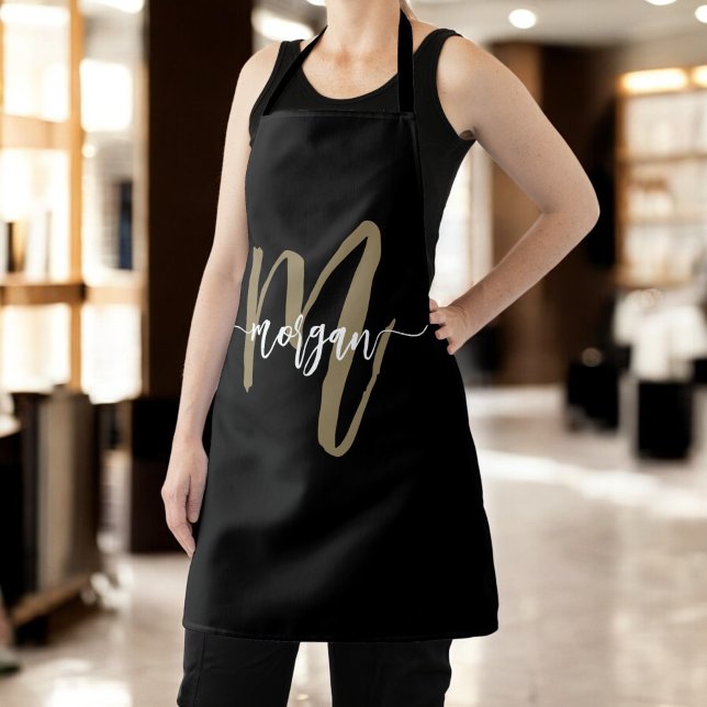 Minimal Black Gold Modern Typographic Monogram Apron (Creator Uploaded)