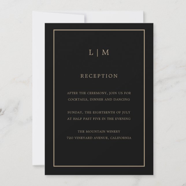 Minimal Black Gold Monogram Simple Elegant Wedding Invitation (Front)