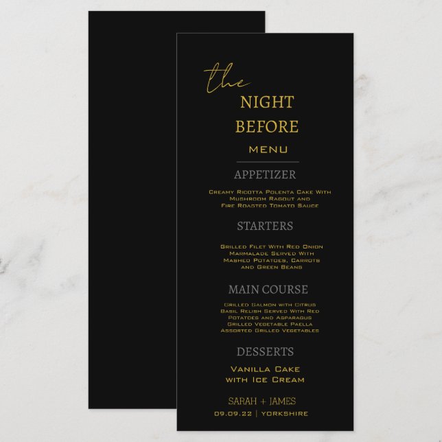 Minimal Black Gold The Night Before Wedding  Menu (Front/Back)
