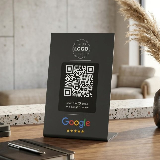 Minimal Black Google Review QR Code Logo Pedestal Sign (Black Google Review QR Code Pedestal Sign | Custom Logo Display | Luxury Business Counter Signage)