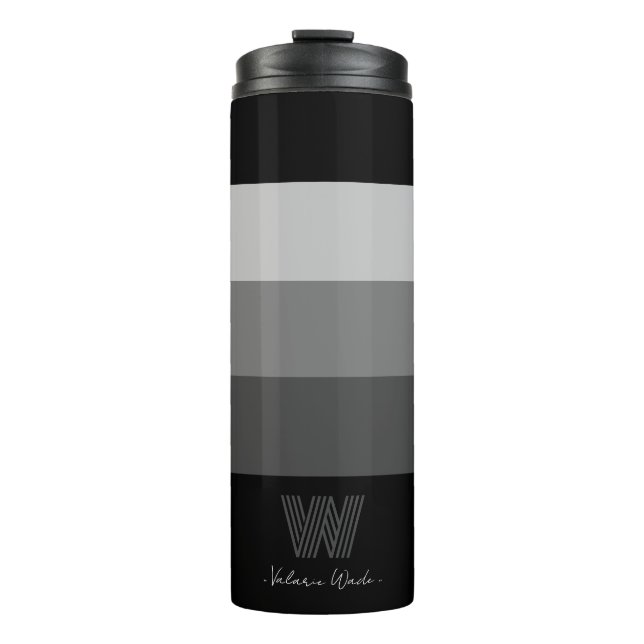 Minimal Black Grey Bars Monogram Thermal Tumbler (Front)