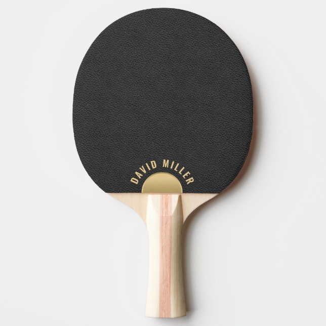Minimal Black Leather Texture Gold Accent Monogram Ping Pong Paddle (Front)