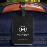 Minimal Black Modern Typographic Monogram Luggage Tag<br><div class="desc">A minimalist vertical design in modern style with a black and white monogram emblem with large typographic initial monogram on a rich black background. The text can easily be customized using the fields provided.</div>