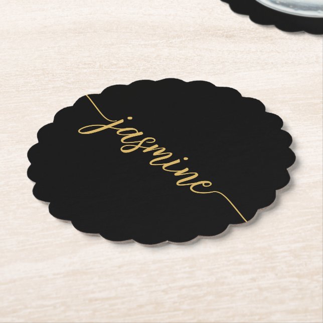 Minimal Black Monogram Name Script Signature Paper Coaster (Angled)