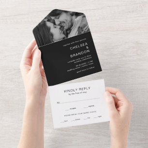 Minimal Black Monogram Photo Modern Wedding All In One Invitation