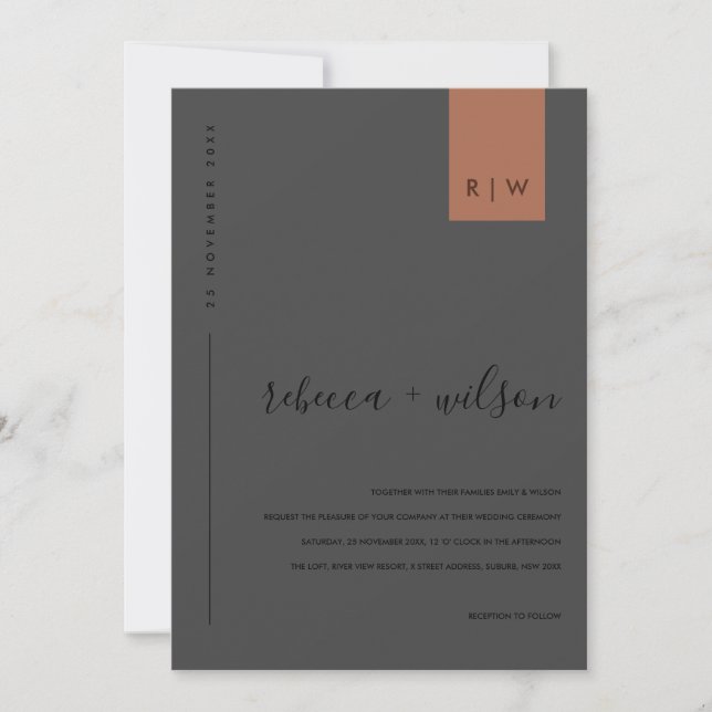 MINIMAL BLACK ON BLACK RUST TYPOGRAPHY WEDDING INVITATION (Front)