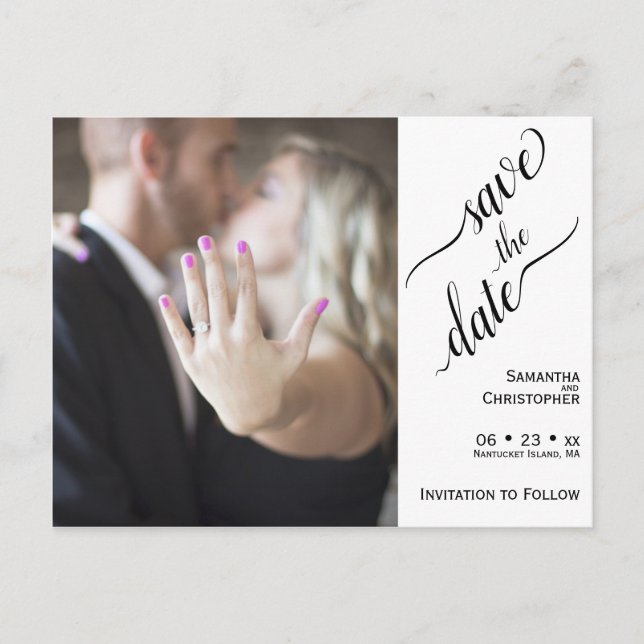 Minimal Black on White Wedding Save the Date Photo Postcard (Front)