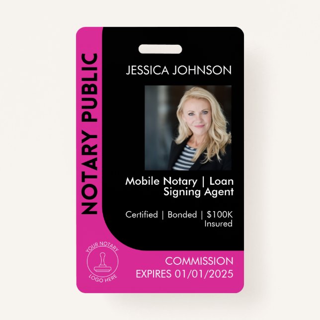 Minimal Black & Pink Notary Logo Photo QR Badge (Front)