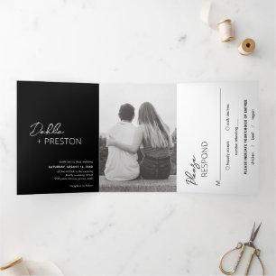 Minimal Black QR Code Modern Wedding Tri-Fold Invitation
