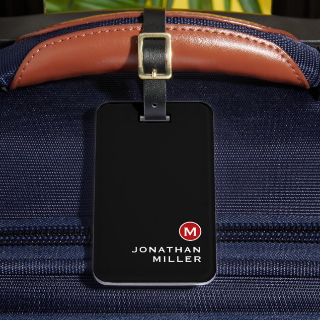 Minimal Black Red Classic Monogrammed Luggage Tag (Front Insitu 2)
