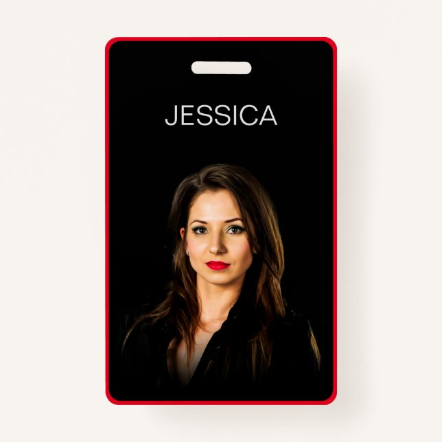 Minimal Black Red Corporate Employee Photo ID Badge (Front)