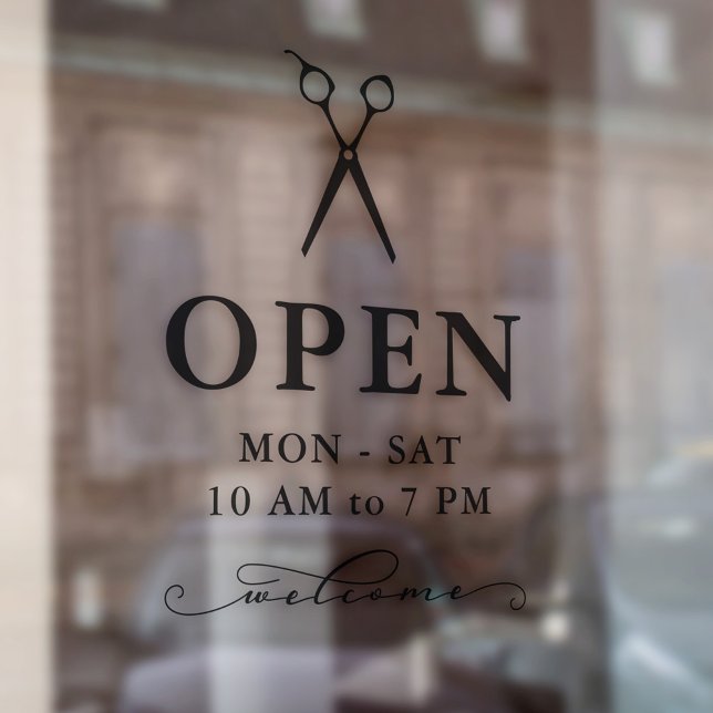 Minimal Black Scissors Welcome Open Hours Window Cling (Creator Uploaded)
