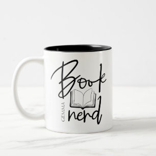 Minimal Black Script Book Nerd Reader Name Two-Tone Coffee Mug