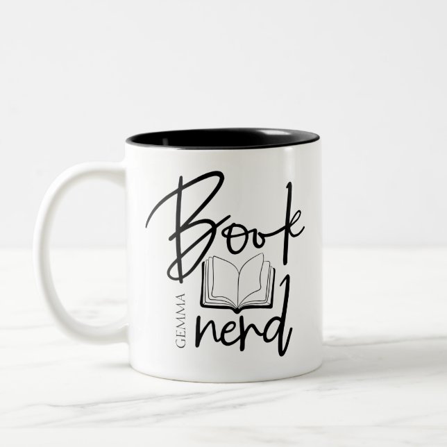 Minimal Black Script Book Nerd Reader Name Two-Tone Coffee Mug (Left)