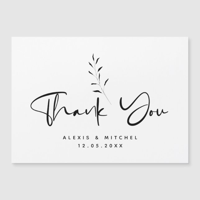 Minimal Black Script Botanical Thank You Card (Front)