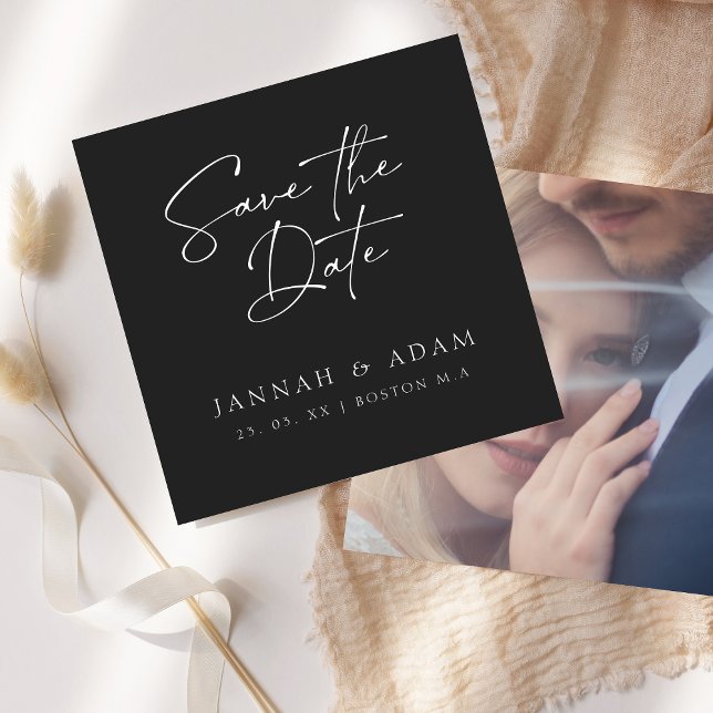 Minimal Black Script Typography Photo Wedding Save The Date (Creator Uploaded)