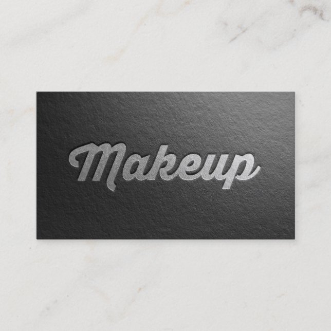 Minimal Black & Silver Embossed Text Makeup Artist Business Card (Front)