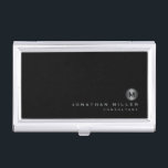 Minimal Black Silver Monogram Business Card Holder<br><div class="desc">Minimalist monogram design with classic block typography silver brushed metal monogram medallion with personalized name and title or custom text below on a simple black background. Personalize for your custom use.</div>