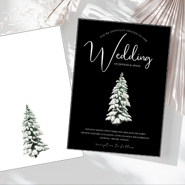 Minimal Black Snowy Pine Winter Wedding Invitation (Winter Black and White Snowy Pine Tree Wedding Invitation)