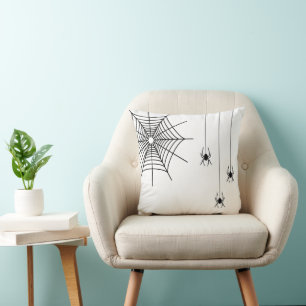 Minimal Black Spiders And Spiderweb Halloween Throw Pillow