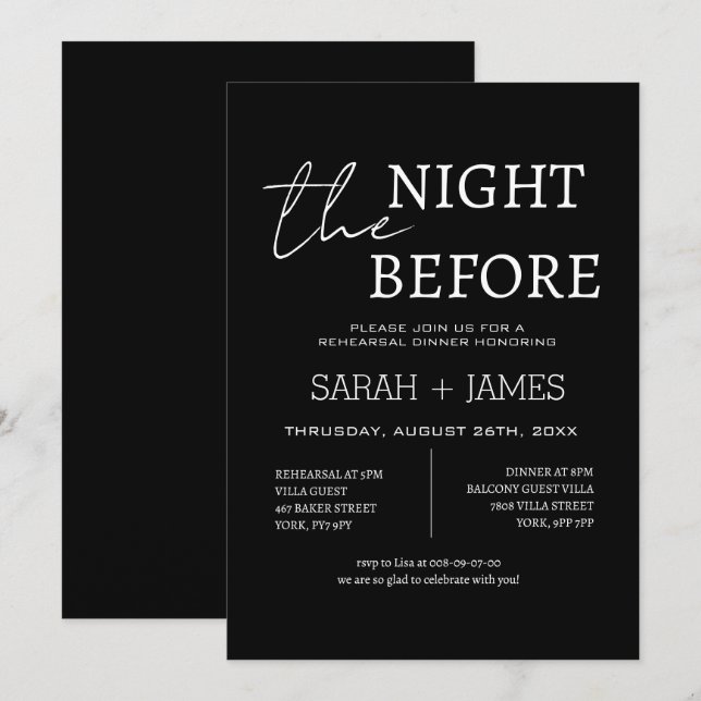 Minimal Black the Night Before Rehearsal Dinner  Invitation (Front/Back)