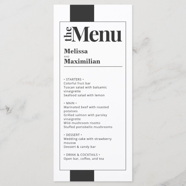 Minimal Black & White bold elegant Wedding Menu (Front)