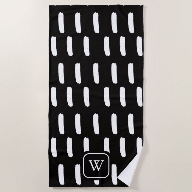Minimal Black White Brush Strokes Monogram Initial Beach Towel (Front)