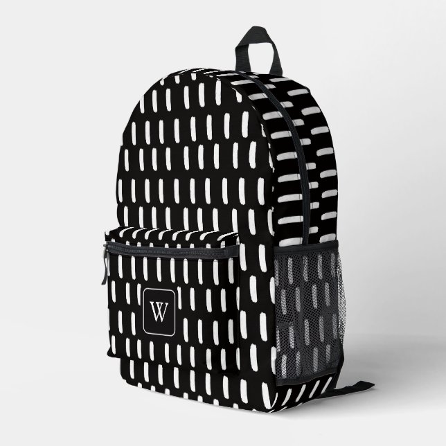 Minimal Black White Brush Strokes Monogram Initial Printed Backpack (Back Corner Right)