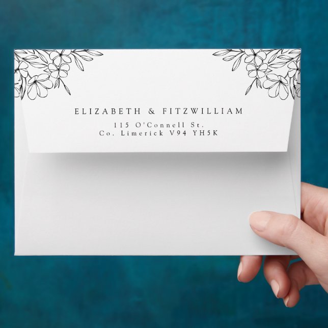 Minimal Black White Cherry Blossom Border Wedding  Envelope (Hand)