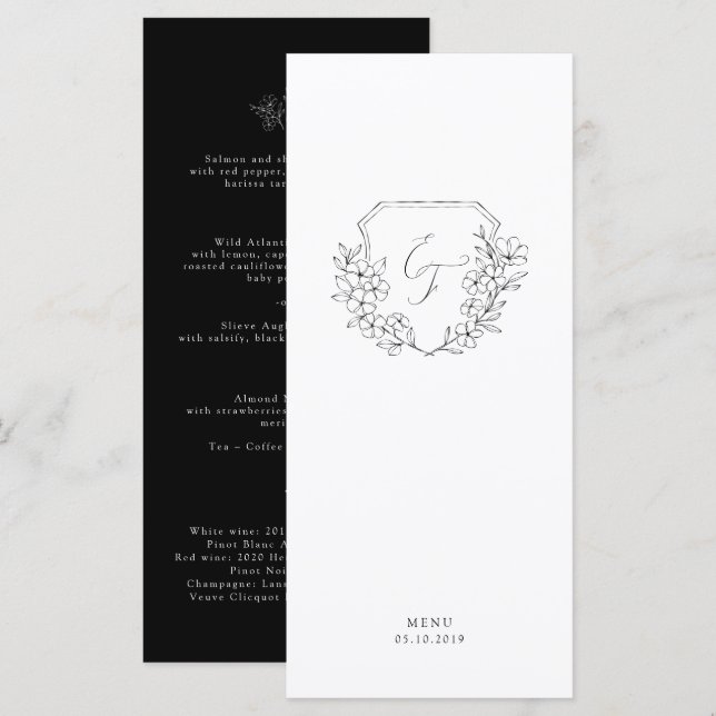 Minimal Black White Cherry Blossom Monogram Crest Menu (Front/Back)