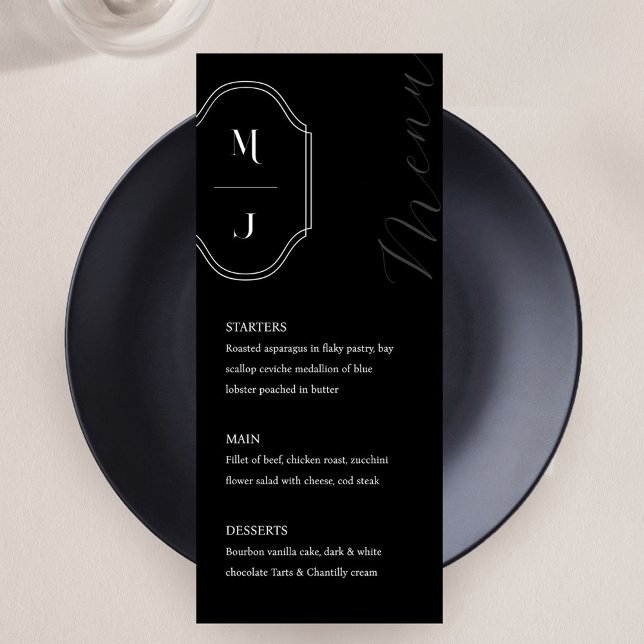 Minimal Black White Custom Elegant Monogram Crest Menu (Creator Uploaded)