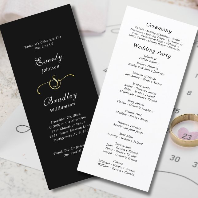 Minimal Black White Elegant Script Wedding  Program (Creator Uploaded)